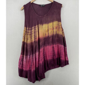 SARDAR Tank Top Womens L Gauze Tie Dye Tunic Scoop Neck Asymmetric Purple
